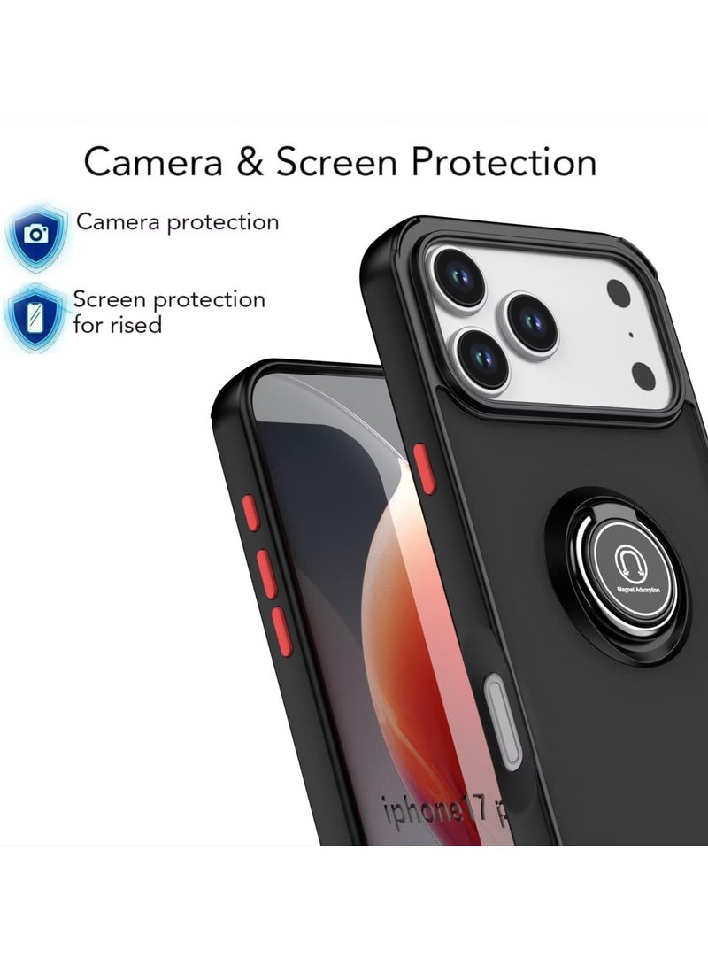 Case for IPhone 17 Pro Max Case Cover Metal Ring Holder Grip Kickstand Car Magnetic Mount Shockproof Matte Hard Back Bumper Case for IPhone 17 Pro Max 5G 2025 Black - Image 2